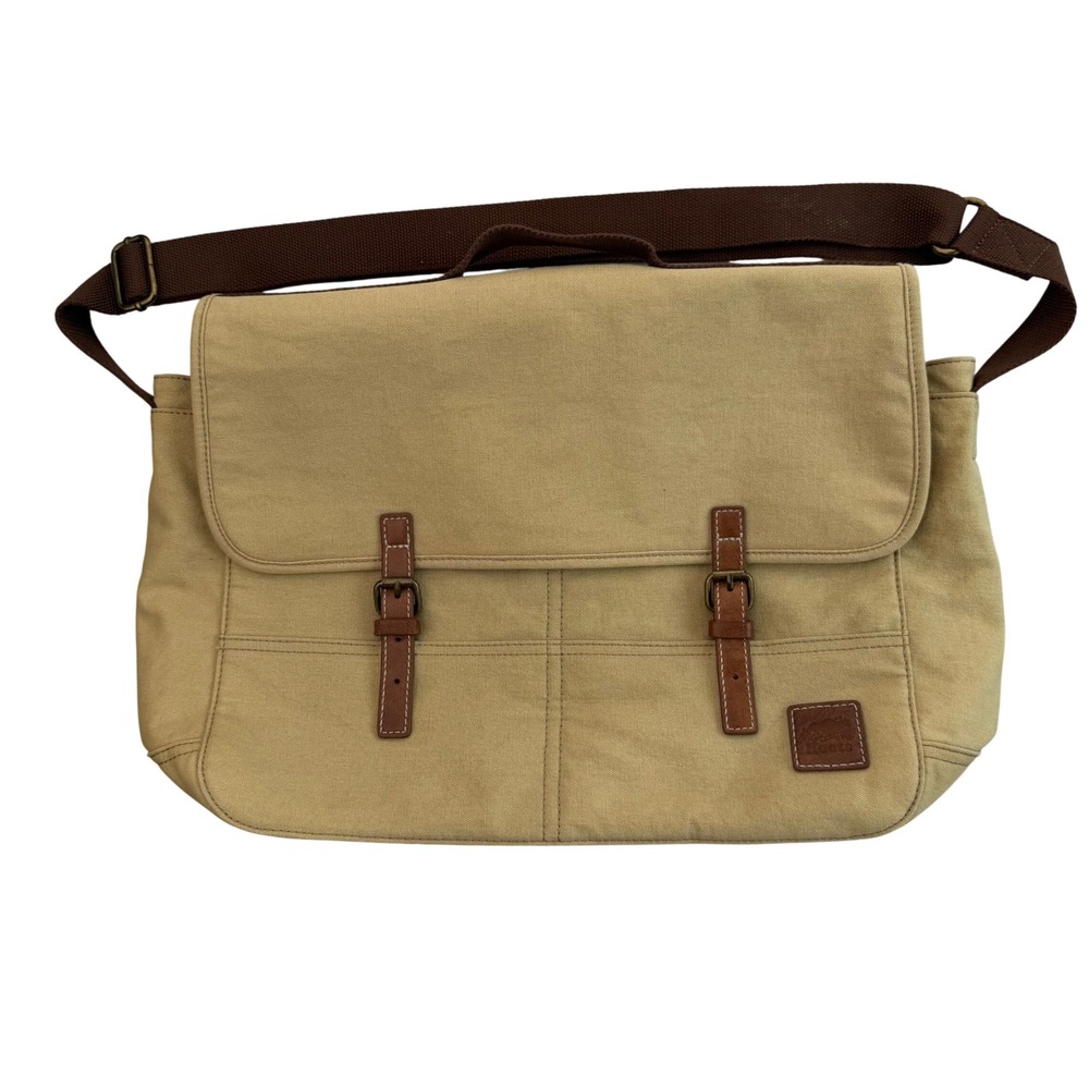 Roots Iconic Laptop Messenger Bag Tan Canvas Leather Buckle Workwear Gorpcore OS